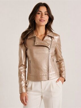 Gabby Isabella Metallic Rose Gold Faux Leather Moto Jacket